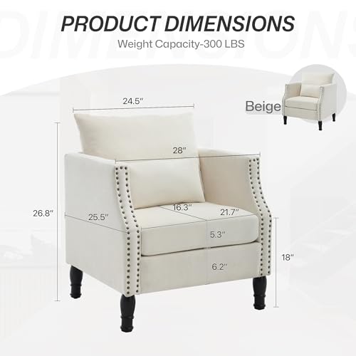 Image of ABET Linen Accent Chairs Set of 2, Mid-Century Modern Reading Armchair with Removable Lumbar Pillow, Upholstered Side Sofa Chair for Living Room Bedroom, Beige