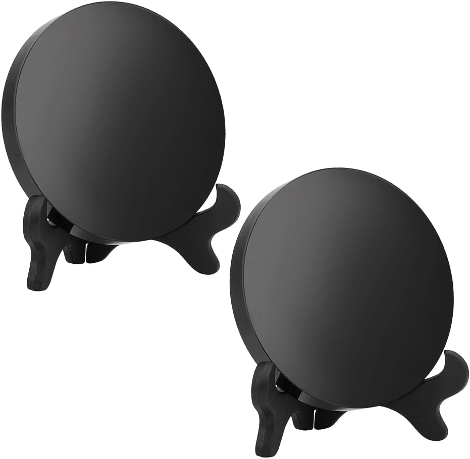 NBEADS 2 Set Black Obsidian Scrying Mirrors, 4 Inch Natural Obsidian Crystal Disc Display with Wood Stand for Home Desk Decor Crafts