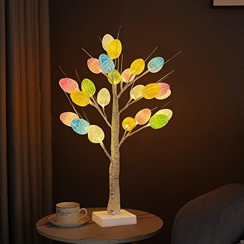 2FT Lighted Birch Tree with 24pcs Colorful Easter Eggs Ornaments Battery/USB Operated Warm White LED Artificial Bonsai Tree Jewelry Holder for Wedding Christmas Tabletop Decor