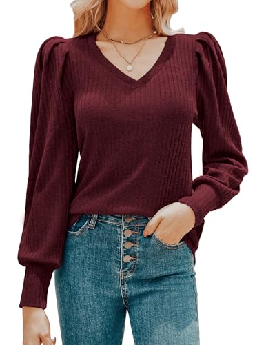 HOTOUCH Women's Knit Shirt Soft Puff Long Sleeve Blouse Tops Lightweight V Neck Tunic XS-XXL2