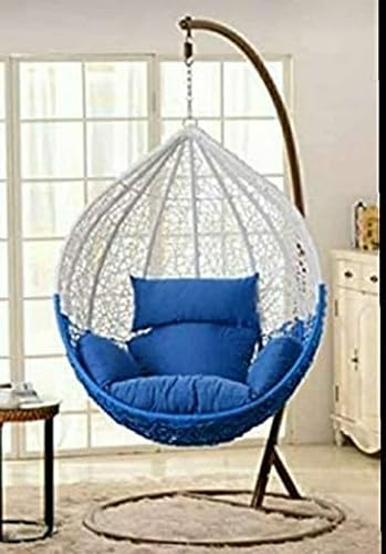 Image of Single Seater Swing Chair with Stand and Cushion Hammock Swing for Adult Outdoor Indoor Garden Living Room Balcony Hanging Chair (Blue & White)