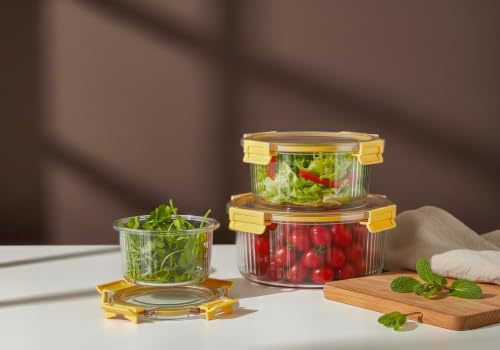 Image of Kmils Plastic Air Tight Container Set for Kitchen Storage | Clear Round Food Containers with Airtight Lock Lids | Fridge Storage Containers for Fruits, Vegetables & Herbs (400ml, 800ml, 1600ml)