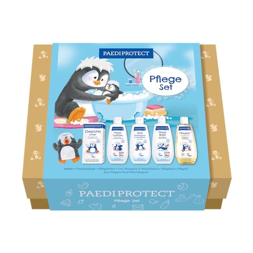 PAEDIPROTECT Pflegebox, Haut Pflegeset mit 1x Gesichtspflege, 1x Shampoo & Waschlotion, 1x Pflegelotion für Babys- und Kinder, 1x Pflegebad, 1x Pflegeöl, Geschenkset mit Pflegeprodukten, Geschenkset