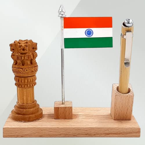Image of Woodhouse Wooden Pen Stand with Flag, Ashoka Pillar, Office Table Stylish (WH-53)