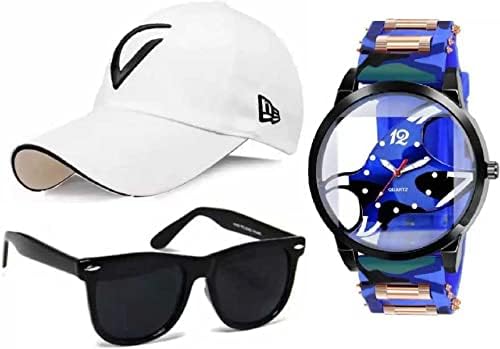 PUTHAKCombo Pack of 3 Stylish Dial Watch, Stylish Sport Baseball Cap & Stylish Aviator Wayfarer Sunglass for Men's and Boy's (Pack of 3) PTHK-1693