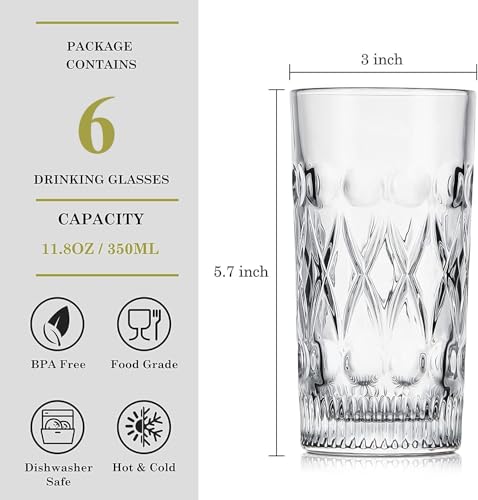 Image of bellemax 300 ML Premium Juice Glasses Drinking Glasses,Highball Lead-Free Glasses,Tumblers for Water,Juice,Beer,Cocktail and Mixed Drinks - 6 Pieces,Transparent (BM-13)