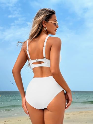 ZAFUL High Waisted Bikini Sets for Women Two Piece Swimsuits for Teen Tummy Control Bathingsuit Full Coverage Ruched Bikini Bottom White M — view 3