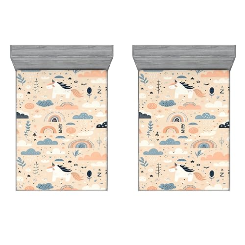 Ambesonne Fantasy 2 Pack Fitted Sheet, Dreamy Unicorn Mid Century, Bed Cover All-Round Elastic Deep Pockets 2 Pieces, Package Contains 2 Queen Size Fitted Sheets, Peach Slate Blue