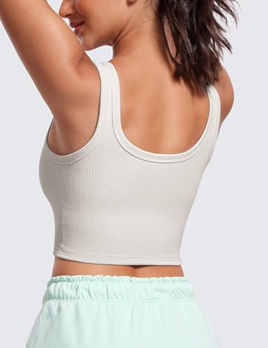Image of CRZ YOGA Ribbed U Neck Crop Tank Tops | Medium Support, Removable Pads, Casual, Wide Straps, Longline Sports Bras for Women