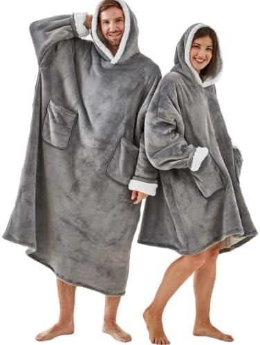 Maple&Stone Wearable Hoodie Blanket- Oversized Sherpa Fleece Hooded Sweatshirt Throw Blanket Presents for Women and Mens,Warm Cozy Comfy For Her,Standard Light Grey