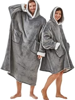 Maple&Stone Wearable Hoodie Blanket- Oversized Sherpa Fleece Hooded Sweatshirt Throw Blanket Presents for Women and Mens,Warm Cozy Comfy For Her,Standard Light Grey