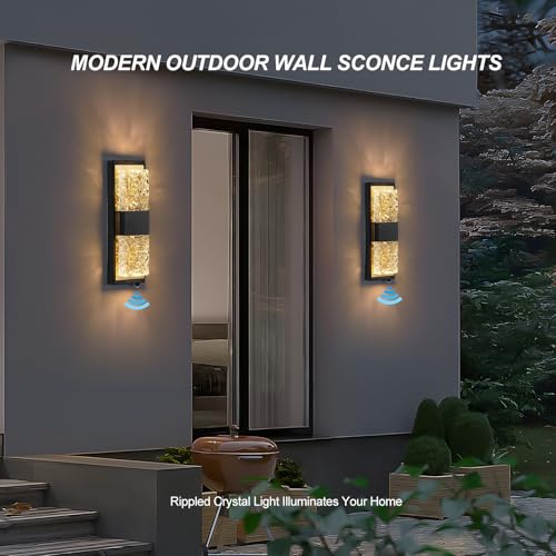 Image of 14.2 inch Dusk to Dawn Outdoor Wall Light, Black and Gold, 1-Pack | IP65 Waterproof, Crystal Modern Design, Exterior Wall Sconce, Ideal for Porch, Patio, Hallway, Backyard