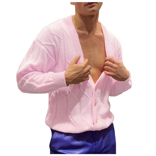 Lingerie for Men Sexy Outfits Male Spring and Summer Loose Knitted Cardigan Long Sleeve Casual Sweater (Red-n, M)