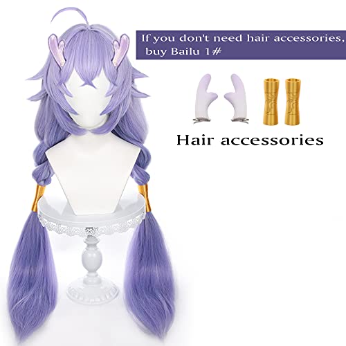Image of Anime Purple Wigs with Bangs Long Straight Loose Wig with Two Braid Ponytail Adult COS Game Dragon Bai Cosplay Wigs Halloween,Christmas,Comic con,Game Show,Party