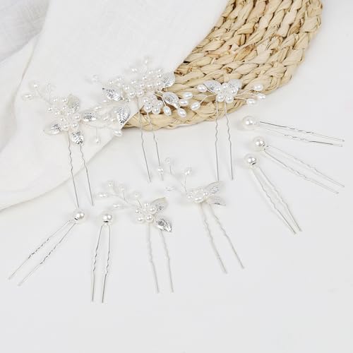 10 Stück Haarschmuck Hochzeit Silber, Haarschmuck Braut Mit Perlen und Blume,U-förmig Haarnadeln Für Bräute Brautjungfern Blumenmädchen Damen