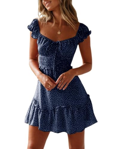 Imily Bela Damen Sommerkleid Rüschen Swing Strandkleid Elegant A-Linie Minikleid High Waist Kleid mit Kordelzug(Dunkelblau, S)