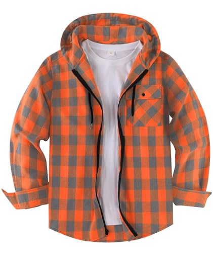 Image of ZITY Mens Hoodies Flannel Shirt Long Sleeve Plaid Shirts Thin Zip Lumberjack Shirt Casual Button Down Checkered Flannel Top with Pocket M-3XL Orange