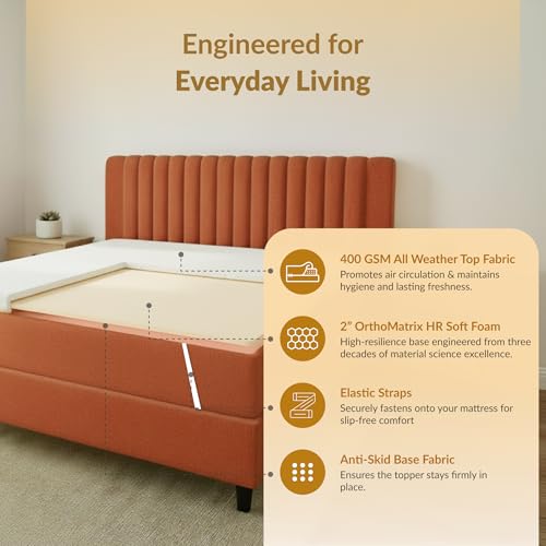Image of SleepyHug OrthoSoft Plus HR Foam Mattress Topper | 2 Inch Medium-Firm Support | Improves Back Support & Mattress Firmness | Quilted Cover | Anti-Skid Base | 72x48x2 Inches, Off-White