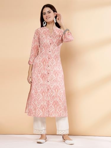 Image of Pistaa's Women's Cotton Regular Fit A Line Floral Print A-Line Regular Kurta