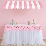 CrystalSylara 6 Pcs Ice Cream Party Decorations Ice Cream Stand Kits Sundae Bar Supplies with Table Skirt Awning Decorations for Birthday Baby Shower Summer Wedding Decor