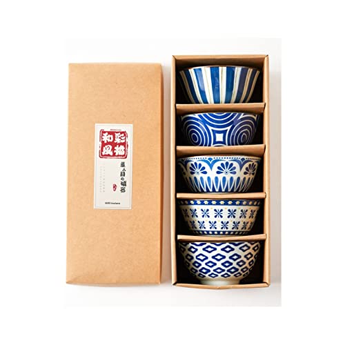 CUISINE TALENT - [5-Piece Set] Japanese Porcelain Rice Bowls – 12oz Blue & White Patterned Ceramic Bowls, 11.5cm Diameter, Dishwasher & Microwave Safe, Gift Boxed – by Hivelane