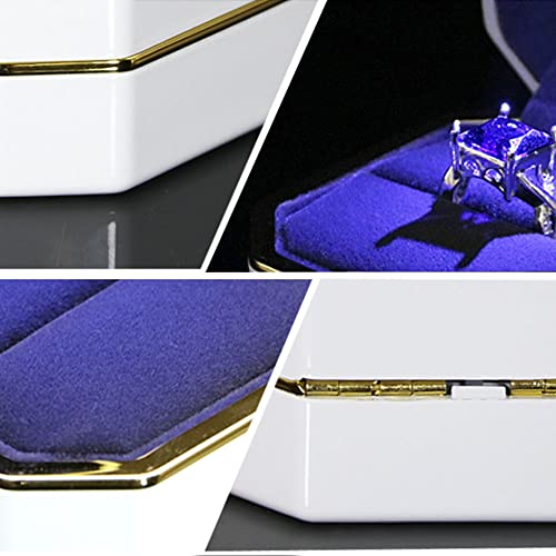 Image of Luxury Ring Box, Square Velvet Wedding Ring Case Jewelry Gift Box with LED Light for Proposal Engagement Wedding, White