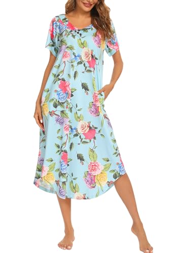 YOZLY Nightgowns for Women Short Sleeve Long Night Gowns Soft V Neck Sleepwear with Pockets2