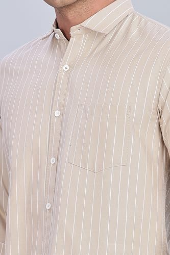 Image of MILDIN Men's Pure Cotton Striped Printed Shirt with Spread Collared Neck Full Sleeve Curved Hemline Button Closure and Regular Fit | Shirt for Man