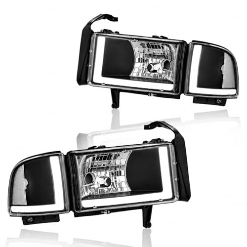DimFlux LED DRL Headlight Assembly for 1994-2001 Dodge Ram 1500/1994-2002 Ram 2500 3500(DONT Fit SPORT Models or Ram VAN Models) Headlights Kit Headlamp Black Housing Clear Reflector