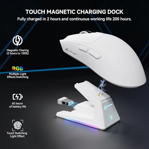Image of ATTACK SHARK X1 Superlight Wireless Gaming Mouse with RGB Magnetic Charging Dock, BT /2.4G Wireless /Wired Gaming Mouse, PAW3395PRO Gaming Sensor, 40000DPI, 53g Office Mice for PC /Mac /Win /Xbox (White)