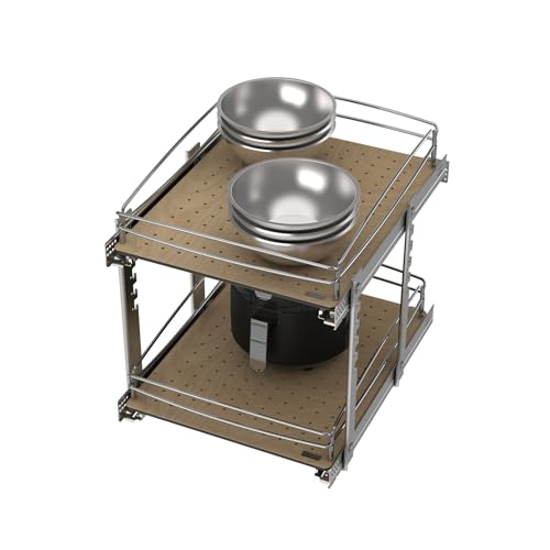 Image of Rev-A-Shelf 2 Tier Pull Out Kitchen Cabinet Storage Organizer with Solid Bottom & Undermount Soft-Close Full Extension Slides, 54BK-18SC-2-1