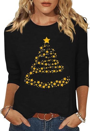 3/4 Sleeve Merry Christmas Shirt for Women Xmas Tree Cute Graphic Blouse Indoor Basic Casual Festival Tops New Year Tee