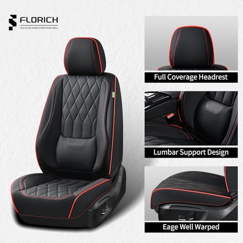 Image of FLORICH Seat Covers Car Seat Covers Full Set Leather Seat Cover Front and Rear Luxury Waterproof Non-Slip Seat Protector Cushion Universal Fit for Most Cars Sedans Trucks SUV, Black&Red Line