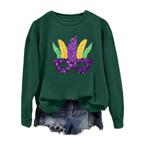 Generisch Moda de mujer Casual Carnaval Color sólido Suelto Manga Larga Impresión Letra Cuello Redondo Sudadera con Capucha Blusa de Navidad Mujer, verde, L
