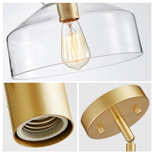 Image of WUZUPS Chandelier Rustic Farmhouse Industrial Round Ceiling Pendant LED Light Fixture with Clear Glass Shades for Dining Room Kitchen Island Foyer Entryway, H 9.4 inch x W 10.6 inch, E26 Base, Gold