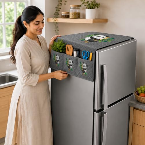 Image of Refrigerator Top Cover for Single Door & Double Door 165-225 Litre | Washable, Anti-Slip Protective Velvet Fabric Fridge Top Cover with 6 Storage Pockets, Extra Storage Space 101 x 55 cm