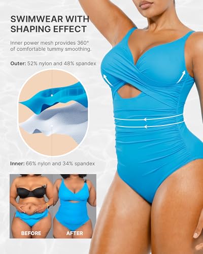 Image of SHAPELLX Tummy Control Swimsuits Women V Neck One Piece Bathing Suit Ruched Push Up Slimming Swimwear Built-in Bra