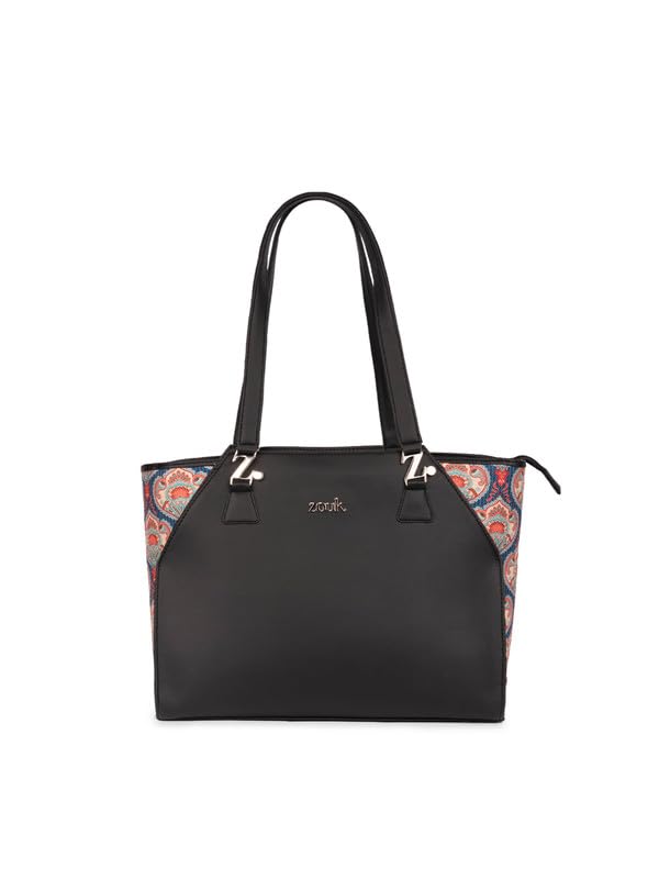 Image of ZOUK Printed Jute Handcrafted Vegan Leather Black Women's Check-point Friendly Classic Business Bag