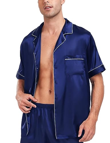 Image of SWOMOG Men Satin Silk Pajamas Sets Short Sleeve Sleepwear Button-Down PJs Sets Two-Pieces Loungewear with Pockets