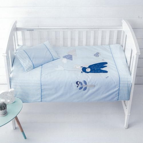 10XDIEZ Funda nórdica cuna duo bedding rabbit - Juego de funda nórdica para cuna (Azul Osito - Cuna - 60x120 cm)