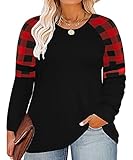 CARCOS Plus Size Tops for Women Long Sleeve Tunics Casual Raglan Color Block Plaid Print Black & Red Graphic Crew Neck Tee Black Blouses 2X 20W