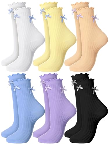 Image of Fourluoo 6 Pairs Women Ruffle Crew Socks with Bow Cute Retro Mid-calf Socks Breathable Cotton for Spring Summer Casual Daily