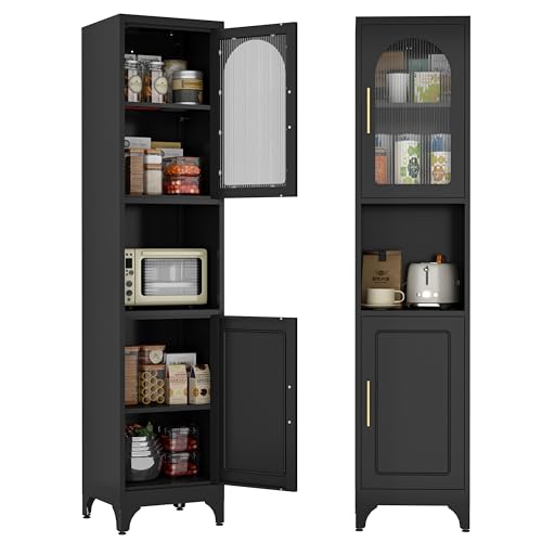 Polup Narrow Kitchen Pantry Cabinet with Acrylic Glass Door, 75”Tall Slim Storage Cabinet with Shelves，Skinny Freestanding Cupboard with Open Shelf for Dining, Living Room, Black, Assembly Required