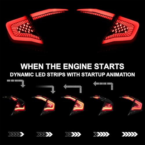 Image of SPEC-D TUNING Black Tail Lights w /White LED Strips, Sequential LED Turn Signal, and Startup Animation Compatible with 2016-2021 Honda Civic 4-Door Sedan, Left + Right Pair Assembly