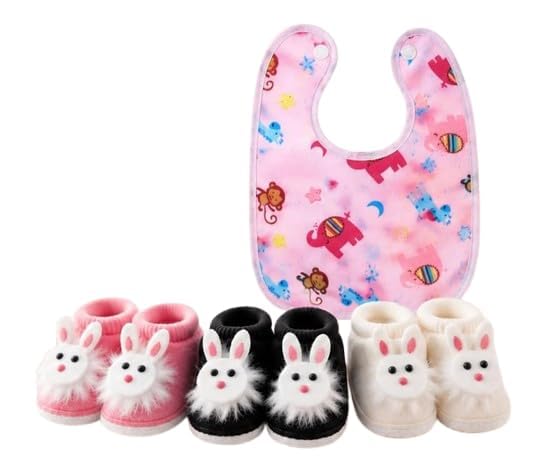 Shoes with Bunny Design, Soft and Comfortable, 3 Pair baby shoes 1 free Apron Includes 1 Baby Bib, Pink, Black, White-image-15