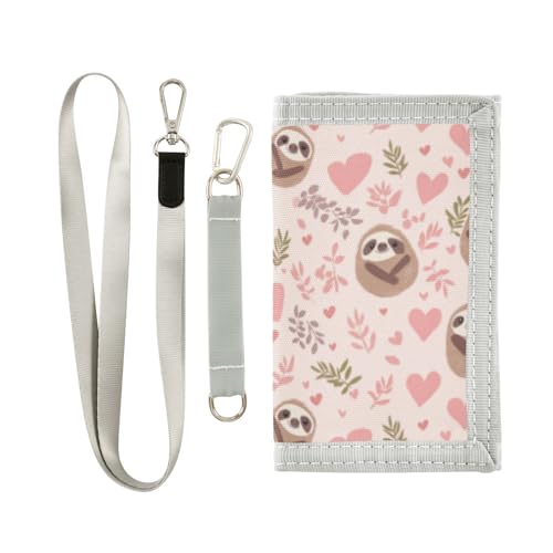Wusikd Cute Cartoon Sloths Kids Wallet for Boys Girls Pink Hearts Toddler Trifold Wallet Novelty Wallet for Teens Women Men