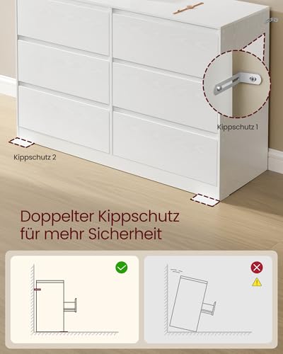 VASAGLE Kommode mit 6 Schubladen, Komodenschrank, Schubladenschrank, Wäschekommode, für Schlafzimmer, 40 x 119,4 x 75 cm, Modern Kailyn Kollektion, schneeweiß LTS616W01