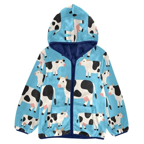 Cow Print on Blue Background Toddler Fleece Jacket Girl Boys Hooded Fleece Jacket Coat Warm Outwear Zip-up 3-10T