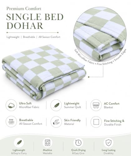 Image of Single Bed Dohar Sage Green Check | Lightweight Summer Quilt | Soft Microfiber AC Blanket | Breathable All Season Comforter | Skin Friendly Bed Cover