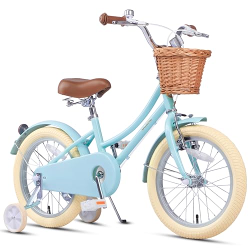 Glerc 14 Pulgadas Niños Niñas Bicicleta para 4 5 6 7 Años Niñas Retro Estilo Vintage Bicicletas con Cesta Ruedas de Entrenamiento y Campana, Azul